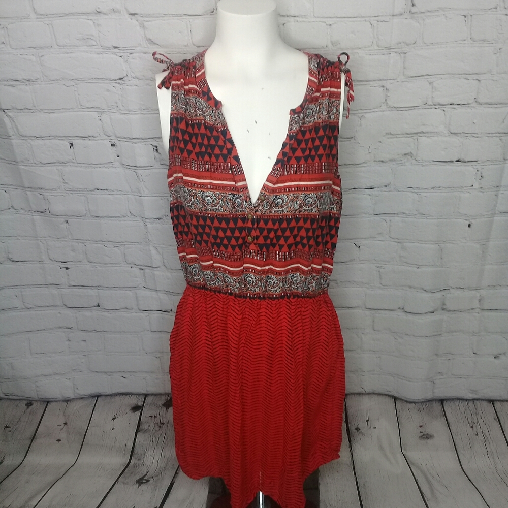 Lucky Brand Red Black Tribal Print Sleeveless V-Nevk Boho Shift Dress Sz M
